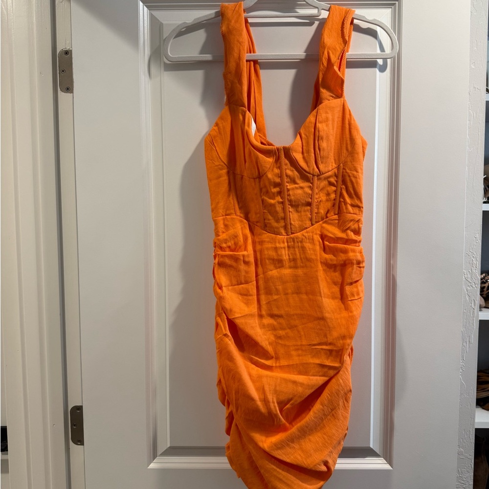 Bright Orange Sleeveless Ruched Bodycon Dress